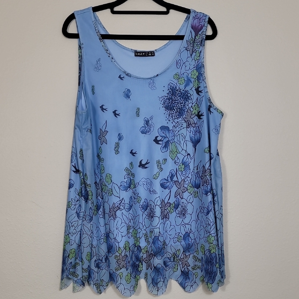 COZY Womens Floral Mesh Overlay Tunic Top Size L Blue Birds Fairy Romantic Y2K